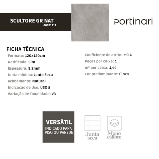 Porcelanato Portinari Scultore Grigio Natural 120x120cm Retificado - Imagem principal - 0362dea6-0b7b-40f9-acfa-c1c1fc682d40