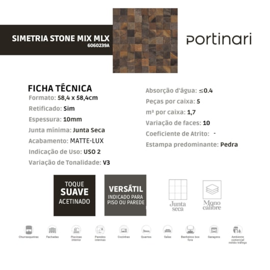 Porcelanato Portinari Simetria Stone Mix Matte 60x60cm Pedra Retificado  - Imagem principal - fe1c1c5d-086e-457f-a291-d614f548a200