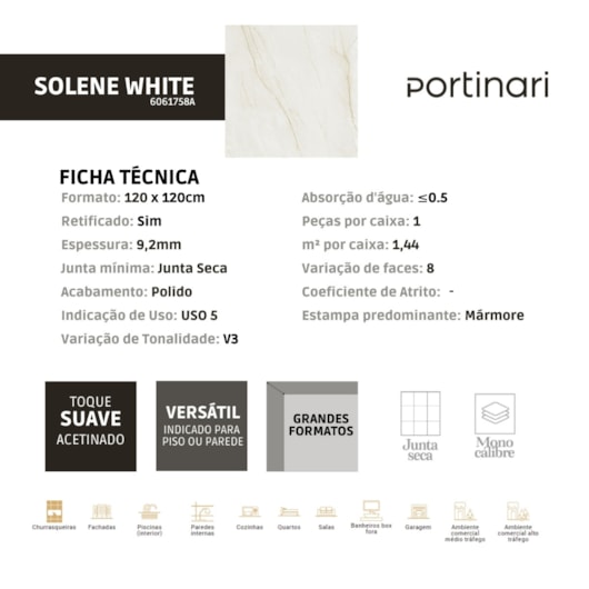 Porcelanato Portinari Solene White Polido 120x120cm Mármore Retificado  - Imagem principal - 6eeb4cc9-1ea1-4f51-a1dc-7683ed7538ce