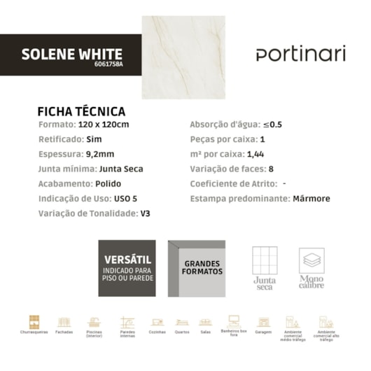 Porcelanato Portinari Solene White Polido 120x120cm Retificado  - Imagem principal - e53fcbdd-0184-446e-a1f3-a982a15d8f57