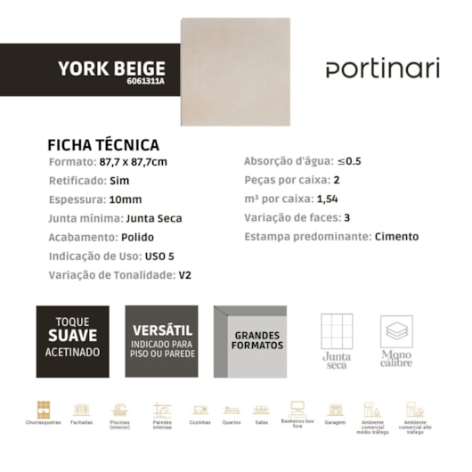 Porcelanato Portinari York Beige Polido 87,7x87,7cm Bege Retificado  - Imagem principal - 778ab662-5fc4-4787-8242-652fb7f1ad27