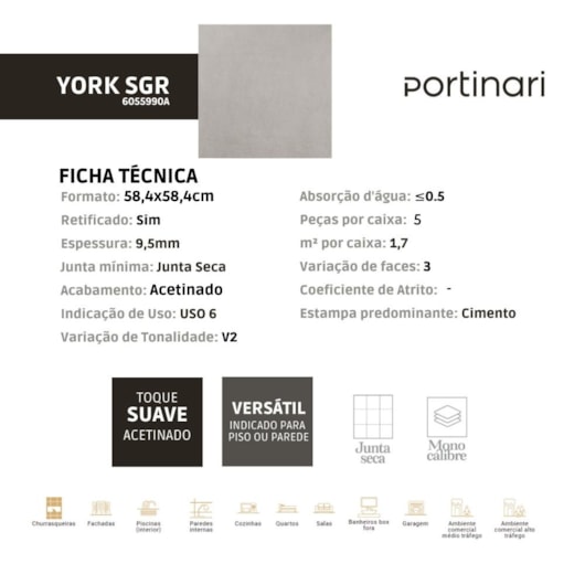 Porcelanato Portinari York Sgr Acetinado 58,4x58,4cm Retificado - Imagem principal - 083e6270-ed5d-44da-a8f3-5d47b0a578be