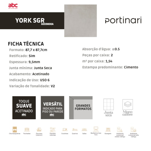 Porcelanato Portinari York Sgr Acetinado 87,7x87,7cm Retificado - Imagem principal - 9282a428-2e57-4a79-b02f-d5a99ab4d7bc