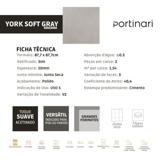 Porcelanato Portinari York SGR Polido 87,7x87,7cm Cinza Retificado  - Imagem principal - ba238272-a7d5-46a3-b50b-0780fecad04b