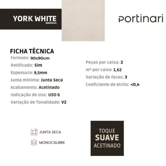 Porcelanato Portinari York White Acetinado 90x90cm Retificado - Imagem principal - d8eda623-2364-4c8e-8203-9839ee561d68