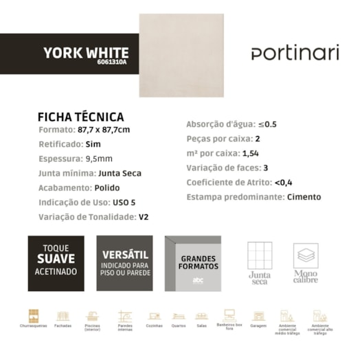 Porcelanato Portinari York White Polido 87,7x87,7cm Retificado  - Imagem principal - 5dd7a4c7-8c63-4585-9f58-4c1c80ce4be8