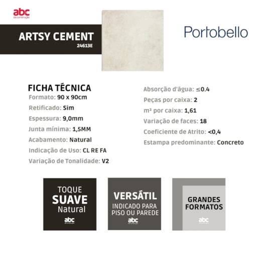 Porcelanato Portobello Artsy Cement Natural 90x90cm Bege Retificado  - Imagem principal - cac97ea6-0a61-4e10-acb8-811227e133b7