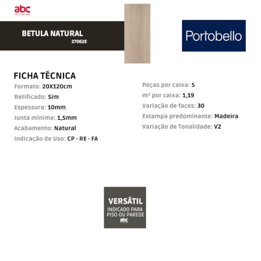 Porcelanato Portobello Betula Natural 20x120cm Retificado  - Imagem principal - e01e6dcb-bb2d-476a-800f-55b6fcd62a2e