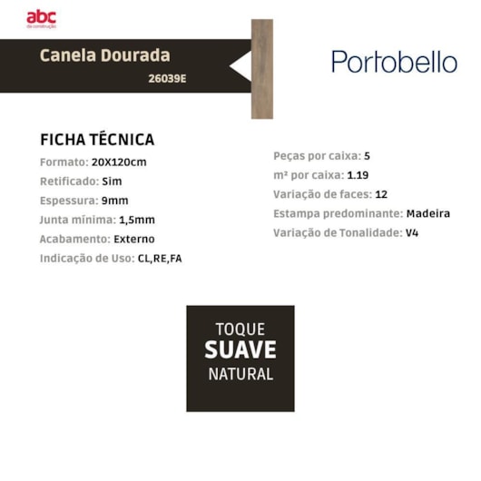 Porcelanato Portobello Canela Dourada Externo 20x120cm Retificado - Imagem principal - 469958a8-956e-4077-98a4-c725585cddb9