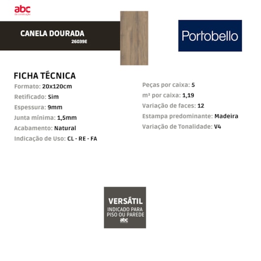 Porcelanato Portobello Canela Dourada Natural Madeira 20x120cm Retificado  - Imagem principal - b6b28bfc-e968-4269-9e8d-d791c7b2e332