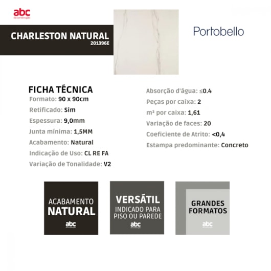 Porcelanato Portobello Charleston Natural 90x90cm Retificado  - Imagem principal - 62676f2a-6d1d-4f54-af34-17ade5900087