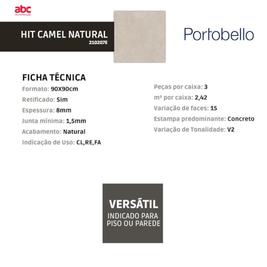 Porcelanato Portobello  Hit Camel Natural 90x90cm Retificado - Imagem principal - 015866a7-dbee-4db6-b7eb-fbcc08548dc9