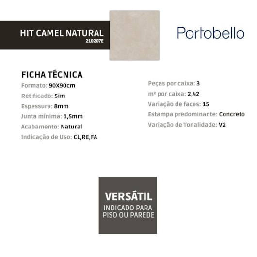 Porcelanato Portobello  Hit Camel Natural 90x90cm Retificado - Imagem principal - c1a7a87d-fd5c-41fd-8ed7-50fbcab760a1