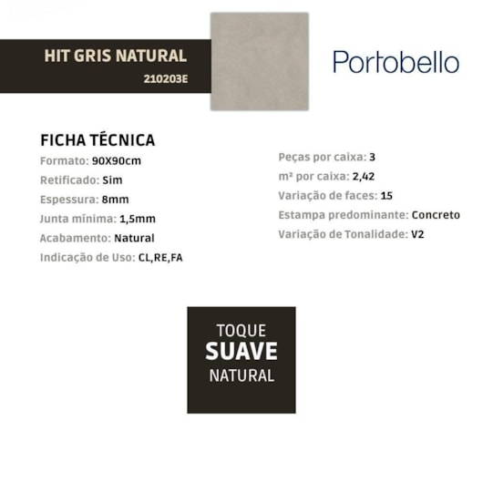 Porcelanato Portobello Hit Gris Natural 90x90cm Retificado - Imagem principal - 6c5df55a-0ee7-40f7-8a65-e673e21ae78f