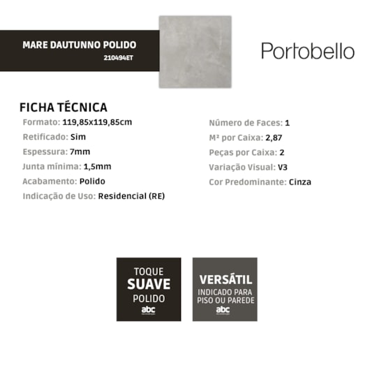 Porcelanato Portobello Mare Dautunno Polido 119,85x119,85cm Retificado - Imagem principal - 0b9c41dd-b0ff-49d1-b8cf-e9c01b497ece