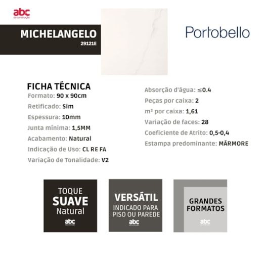 Porcelanato Portobello Michelangelo Natural 90x90cm Branco Retificado  - Imagem principal - 1d1898f2-6d31-49cb-b8d9-04085e14ac26