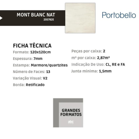 Porcelanato Portobello Mont Blanc Natural 120x120 Retificado - Imagem principal - 1ce74453-aa01-4c11-826c-a6d557159abe
