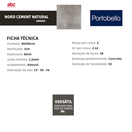 Porcelanato Portobello Nord Cement Natural 90x90cm Retificado - Imagem principal - 6bf779a4-e90d-4526-a721-b532d21b1bb0