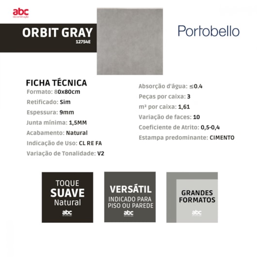 Porcelanato Portobello Orbit Gray Natural 80x80cm Cinza Retificado - Imagem principal - 69270bf2-5588-4c29-934b-7b216c9f4764