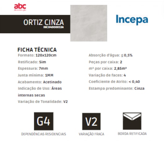 Porcelanato Retificado 120x120cm Ortiz Cinza Acetinado A Incepa - Imagem principal - 3b2c77fc-1d7c-4db9-a29d-905fcd5df58d