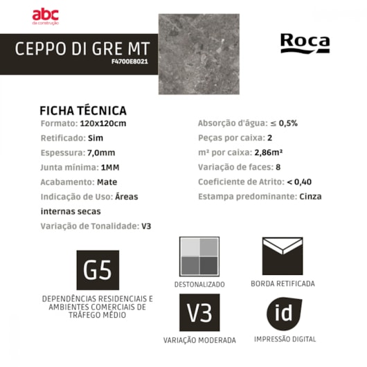 Porcelanato Retificado Ceppo Di Gre Mate Roca 120X120Cm - Imagem principal - 54acc2bb-b078-4a10-8af3-ca661a86ebc9