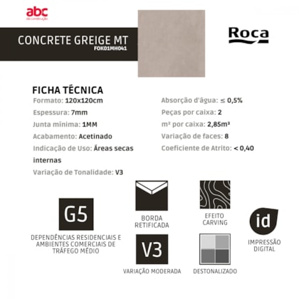 Porcelanato Retificado Concrete Greige Mate Roca 120X120Cm