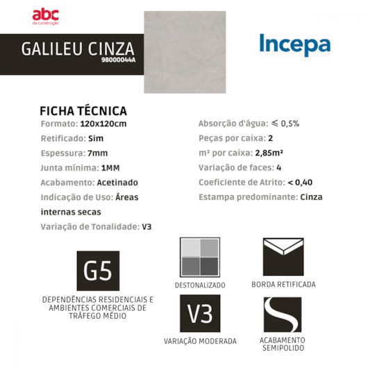 Porcelanato Retificado Incepa Acetinado Galileu Cinza 120x120cm - Imagem principal - 45db6199-9e12-4e08-b0ef-1852f42fe0af