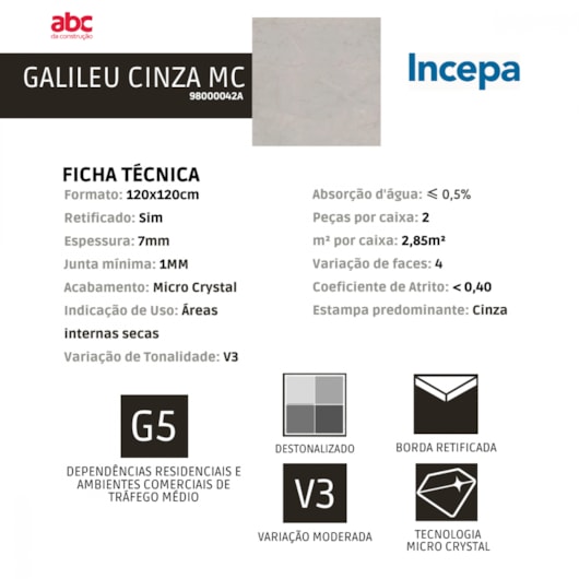 Porcelanato Retificado Incepa Polido Galileu Cinza Mc 120x120cm - Imagem principal - e3c1a8c2-ec93-4cd1-be7d-5fea38f55552