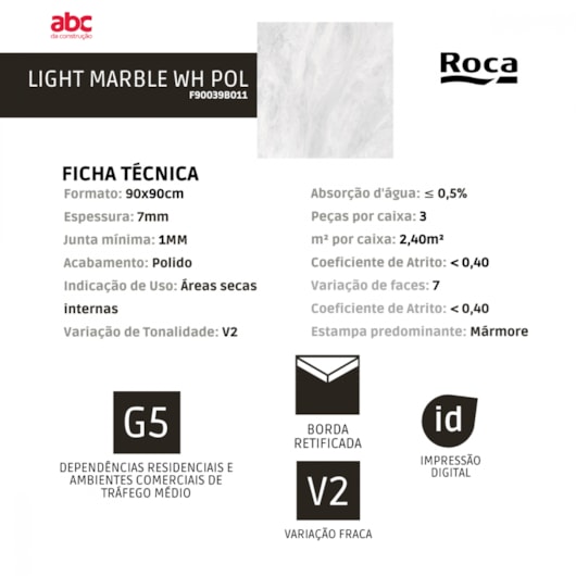Porcelanato Retificado Light Marble Wh Polido 7mm A Roca 90x90 cm - Imagem principal - 8b8ee790-8154-4e60-929b-fd91ab2dacb8