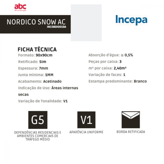 Porcelanato Retificado Nórdico Snow Acetinado 7mm Incepa 90x90 cm - Imagem principal - 25cc11f3-be14-4647-bd09-814106a8a802