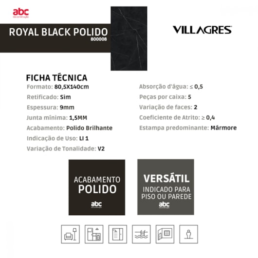 Porcelanato Retificado Royal Black Polido A Villagres 80,5x140 cm - Imagem principal - 5799c45a-5ef3-49b3-b36e-798a6d8e8fac