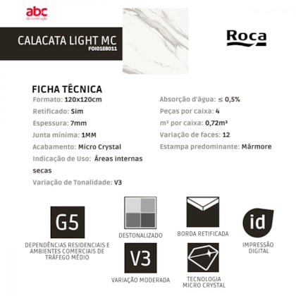 Porcelanato Roca Calacata Light Polido 120x120cm Mármore Retificado 