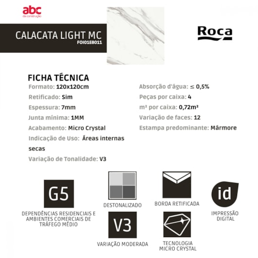 Porcelanato Roca Calacata Light Polido 120x120cm Mármore Retificado  - Imagem principal - 80af07cb-e563-454c-88ca-bd1de67ac80e