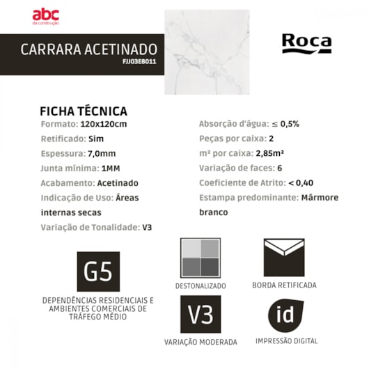 Porcelanato Roca Carrara Acetinado Mármore 120x120cm Retificado  - Imagem principal - 23efbb88-7d17-4561-b8ef-a861b917134c