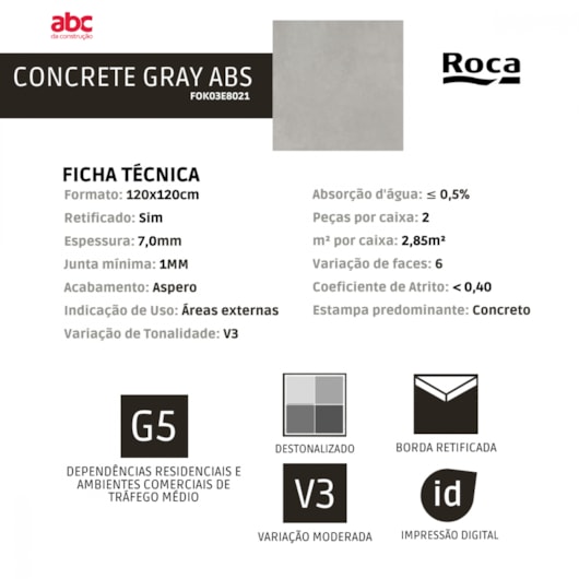 Porcelanato Roca Concrete Gray Externo 120x120cm Cinza Retificado  - Imagem principal - a95f34e9-1d93-4363-b3c6-6fc10d97ec9d