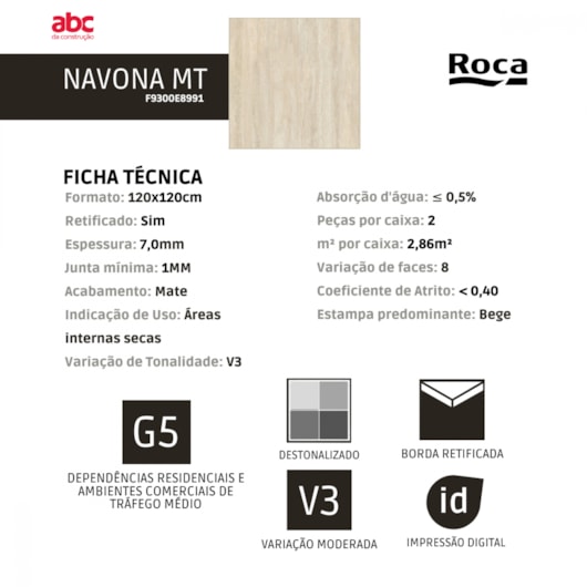 Porcelanato Roca Navona Mate 120x120cm Retificado - Imagem principal - 51432b7a-89ea-4c03-b30f-b7b9380834c1