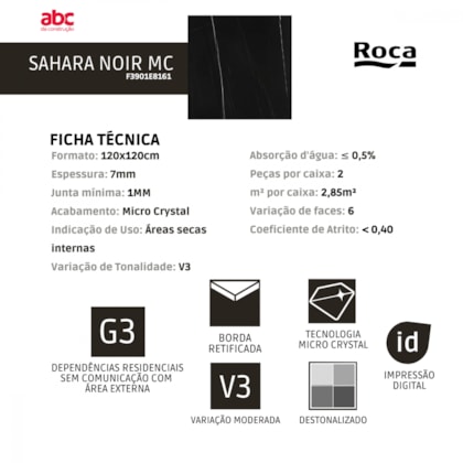Porcelanato Roca Sahara Noir Polido 120x120cm Preto Retificado
