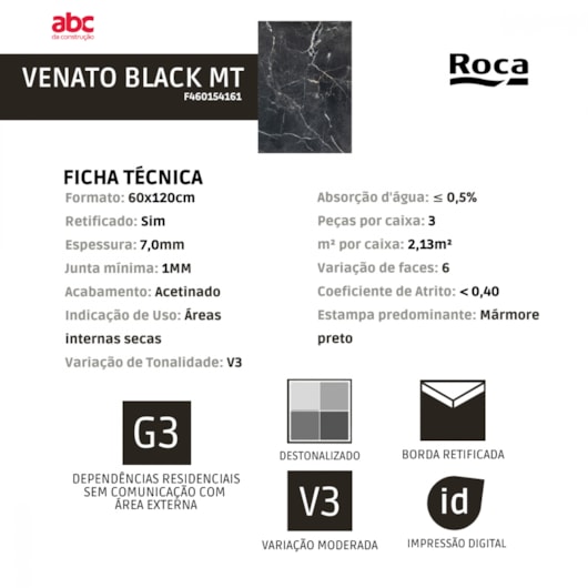 Porcelanato Roca Venato Black Acetinado 60x120cm Preto Retificado  - Imagem principal - 60f8ccf1-c00f-472a-ac40-fa747dd332e3