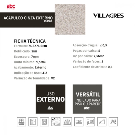 Porcelanato Villagres Acapulco Cinza Light Externo 71,6x71,6cm Retificado - Imagem principal - 2e489ba1-4b4a-47c5-b6d9-98107cd7fef7