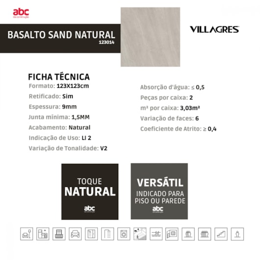 Porcelanato Villagres  Basalto Sand Natural A 123x123cm Retificado - Imagem principal - bd07a442-fda5-487a-8621-0f26f88629a5