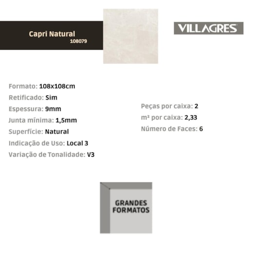 Porcelanato Villagres Capri Natural 108x108cm Retificado - Imagem principal - ac87ec6c-b120-45a8-9f92-847be08bced7