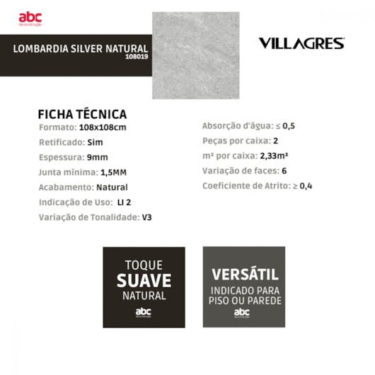 Porcelanato Villagres Lombardia Silver Natural 108x108cm Retificado  - Imagem principal - 30cc05a0-1bb0-432a-9bfe-eecdc29bec3d