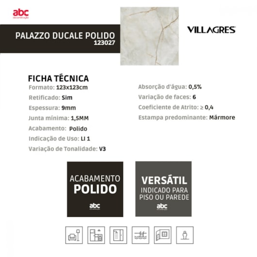 Porcelanato Villagres Palazzo Ducale Bianco Polido 123x123cm Retificado - Imagem principal - e0e0b18c-cde4-4722-aa06-a4c4a4bed9b4