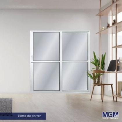 Porta De Correr Em Alumínio Branco 2 Folhas 1 Fixa Com Vidro Liso MGM 210x160cm