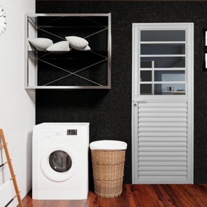 Porta De Giro Mista Em Alumínio Abertura Pela Direita Com Basculante Soft Branco MGM 210x80cm