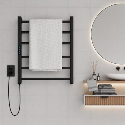 Porta Toalha Aquecido Titan Clean Digital Preto Fosco com Fio Bivolt Esquerdo Thermo