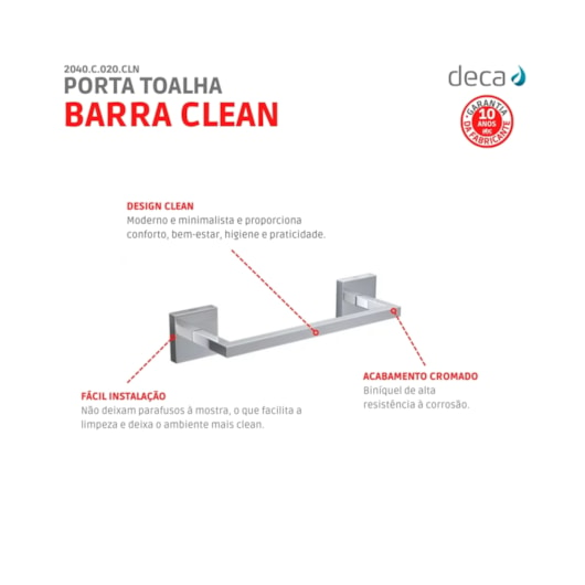 Porta Toalha Barra Clean 20cm 2040 Cromada Deca - Imagem principal - 6bf1dcab-b527-4a07-ac87-dde715730a09