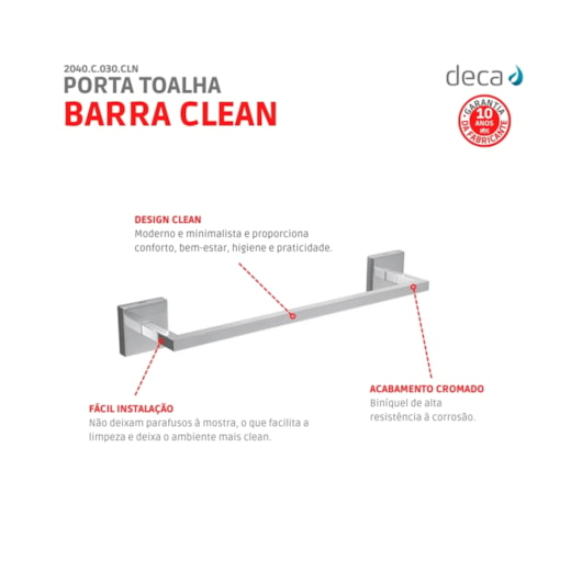 Porta Toalha Barra Clean 30cm 2040 Cromado Deca - Imagem principal - 4df80514-2614-4d45-b7b0-2526aac36ad6