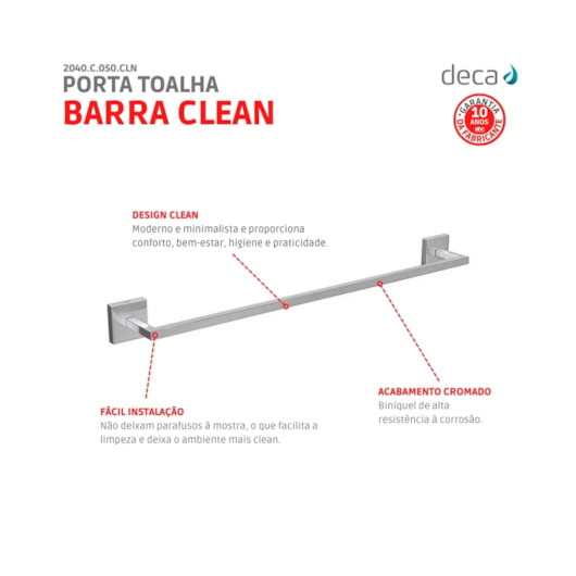 Porta Toalha Barra Clean 50cm 2040 Cromada Deca - Imagem principal - 2add16f0-c76a-488d-82d9-0be375556ff9