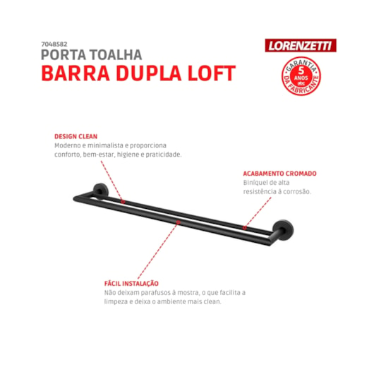 Porta Toalha Barra Duplo Loft B82 2042 Black Lorenzetti - Imagem principal - b4426212-b299-472d-a44c-1e78878e4c65